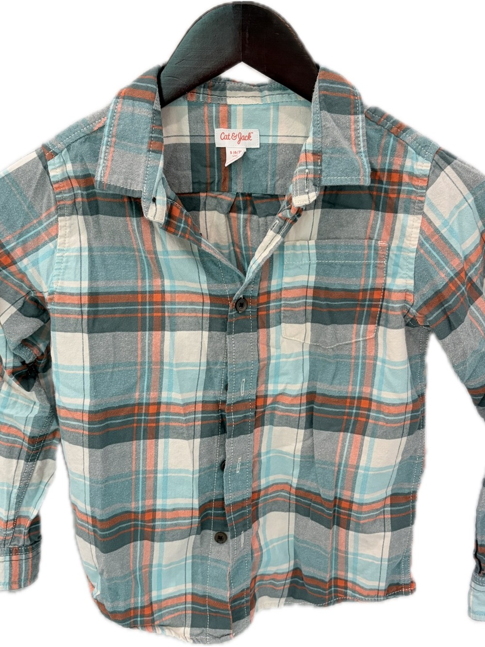 Cat & Jack Boys Plaid Button-Down Shirt in Teal, Gray & Orange